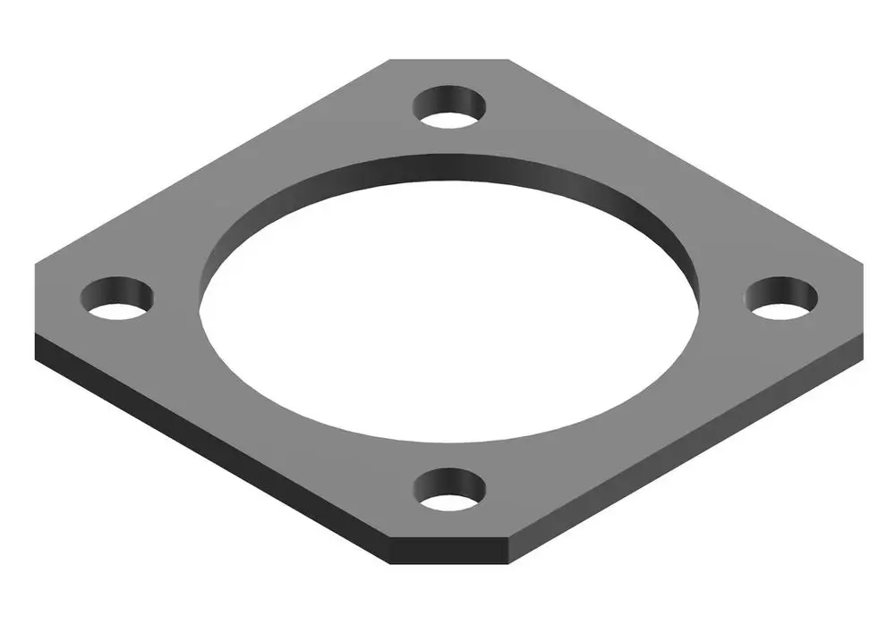 BOSCH Dichtung, quadratische Platte mit runder Öffnung und vier Bohrungen für Schrauben, aus grauem Material, zur Abdichtung in technischen Anwendungen.
